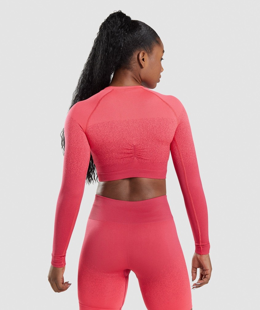 Pink / Red Women's Gymshark Adapt Ombre Seamless Long Sleeve Crop Top T-Shirts | USA-29481