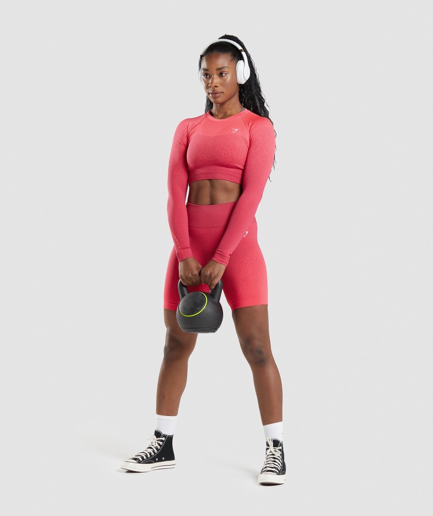 Pink / Red Women's Gymshark Adapt Ombre Seamless Long Sleeve Crop Top T-Shirts | USA-29481