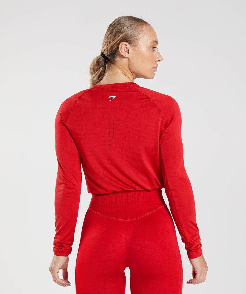 Red Women's Gymshark Sweat Seamless Long Sleeve Crop Top T-Shirts | USA-64395