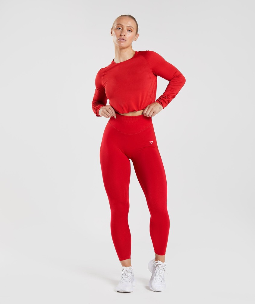 Red Women's Gymshark Sweat Seamless Long Sleeve Crop Top T-Shirts | USA-64395