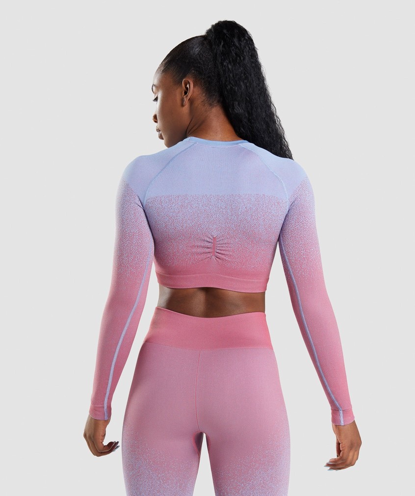 Rose Pink / Light Blue Women's Gymshark Adapt Ombre Seamless Long Sleeve Crop Top T-Shirts | USA-32754