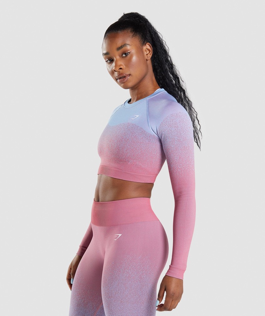 Rose Pink / Light Blue Women's Gymshark Adapt Ombre Seamless Long Sleeve Crop Top T-Shirts | USA-32754