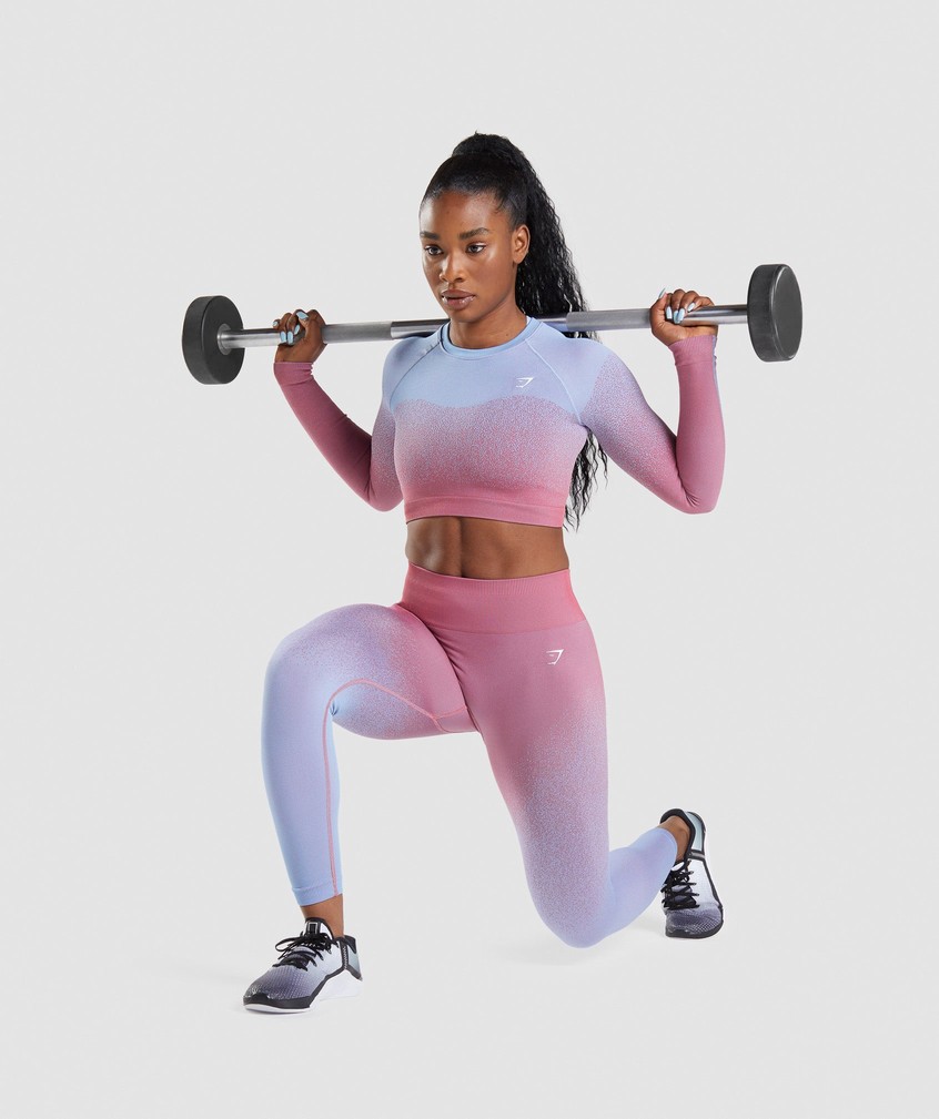 Rose Pink / Light Blue Women's Gymshark Adapt Ombre Seamless Long Sleeve Crop Top T-Shirts | USA-32754