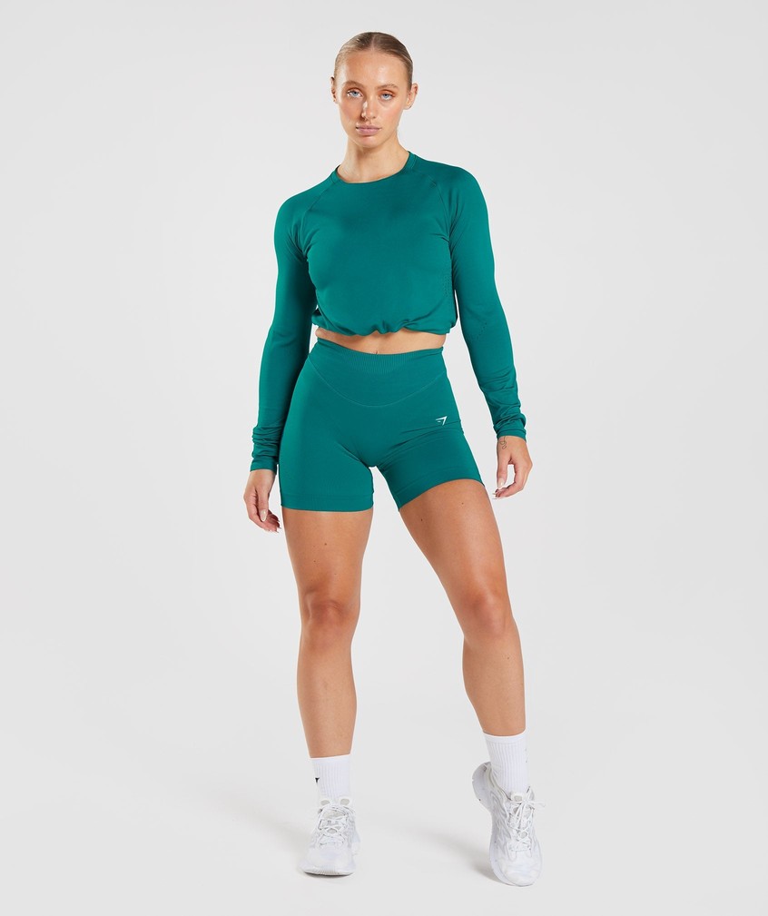 Turquoise Women's Gymshark Sweat Seamless Long Sleeve Crop Top T-Shirts | USA-30476