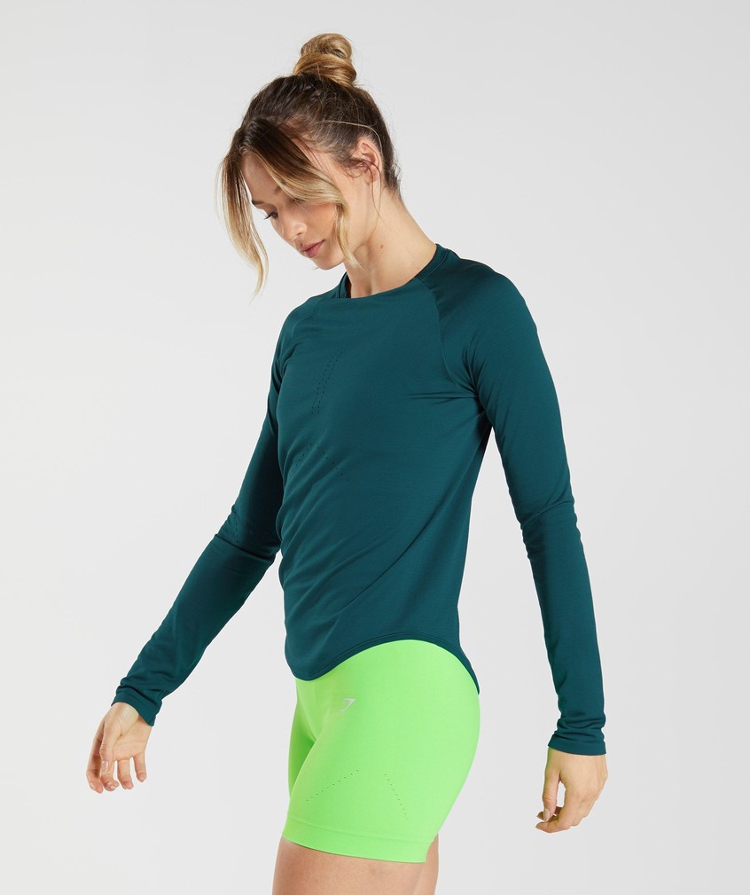 Turquoise Women's Gymshark Sweat Seamless Long Sleeve Top T-Shirts | USA-56482