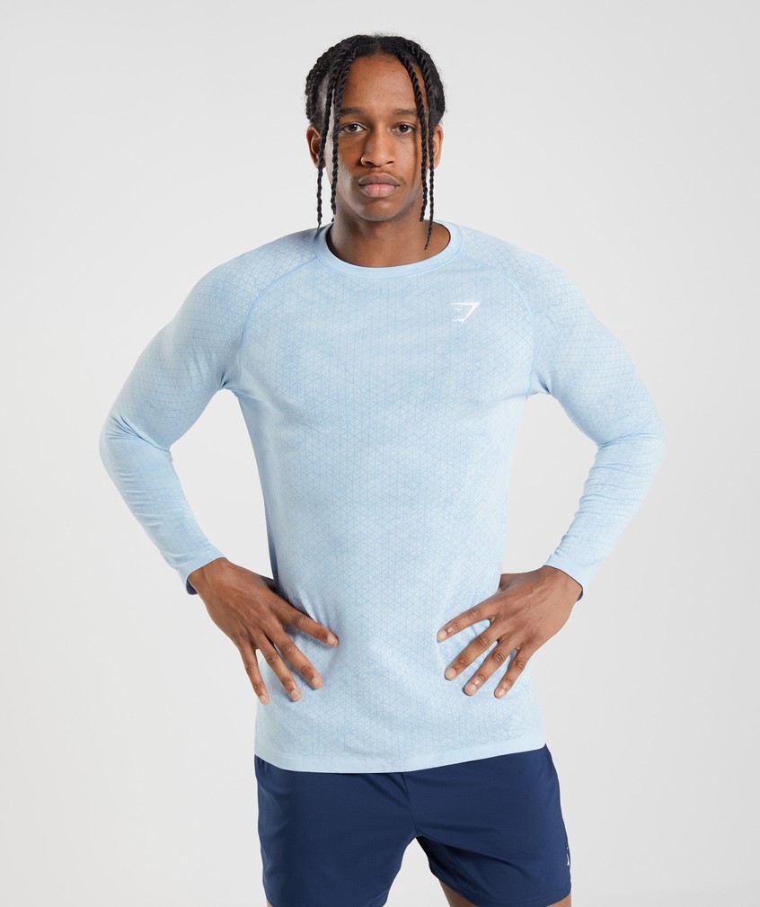 White / Blue Men's Gymshark Geo Seamless Long Sleeve T-Shirts | USA-25967