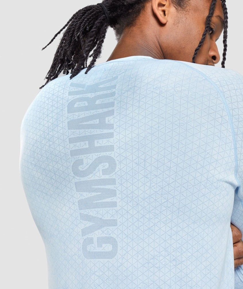 White / Blue Men's Gymshark Geo Seamless Long Sleeve T-Shirts | USA-25967