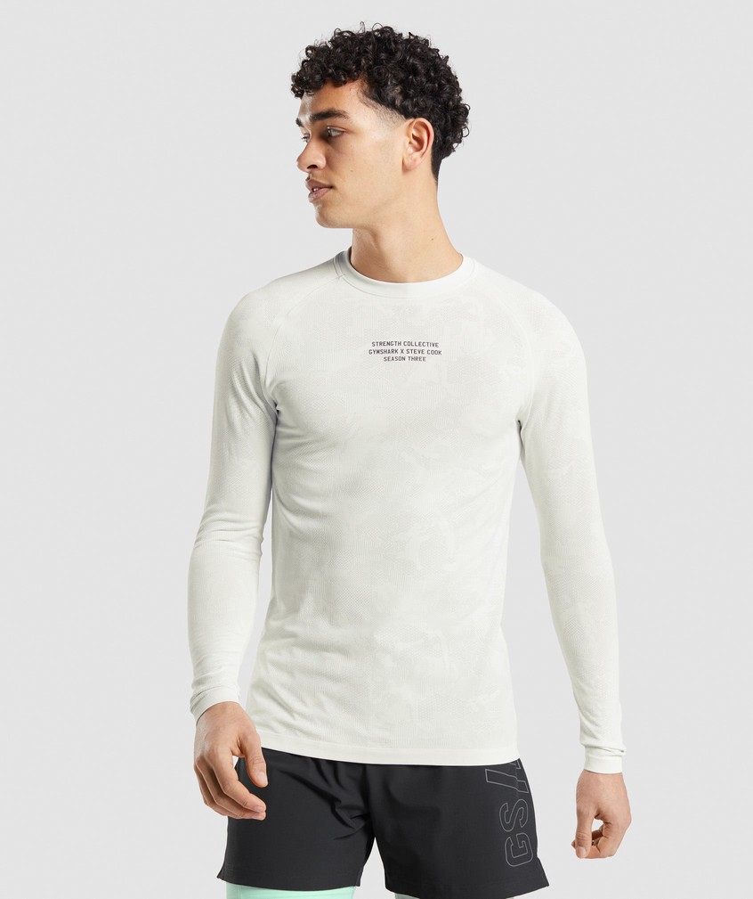 White / Light Grey Men's Gymshark Steve Cook Long Sleeve Seamless T-Shirts | USA-35416