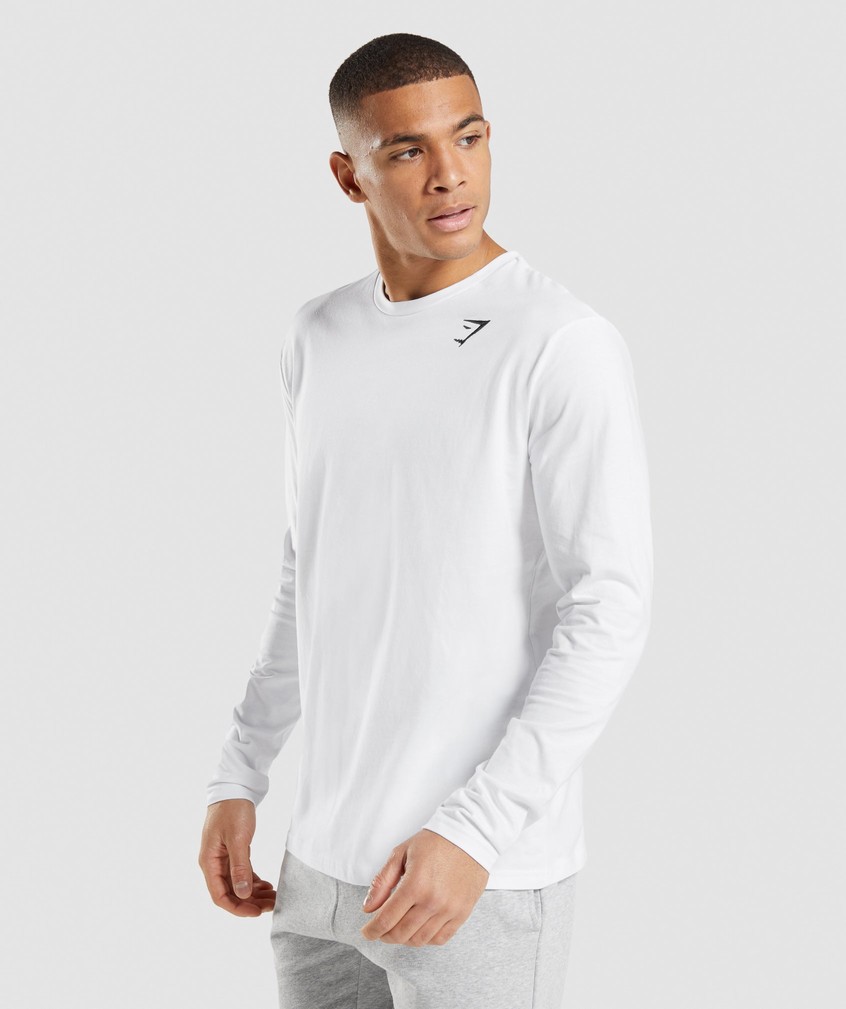 White Men's Gymshark Crest Long Sleeve T-Shirts | USA-04782