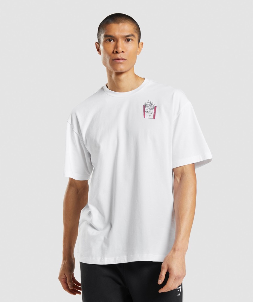 White Men's Gymshark Diner Graphic Oversized T-Shirts | USA-06497