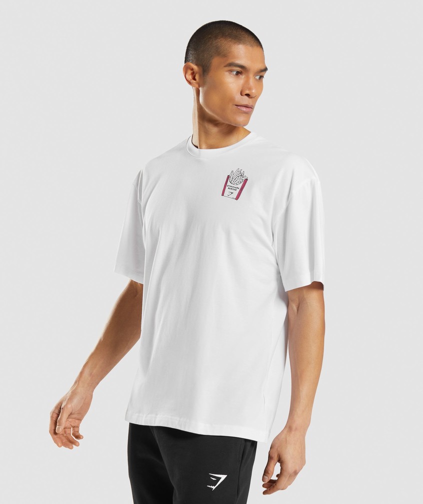 White Men's Gymshark Diner Graphic Oversized T-Shirts | USA-06497