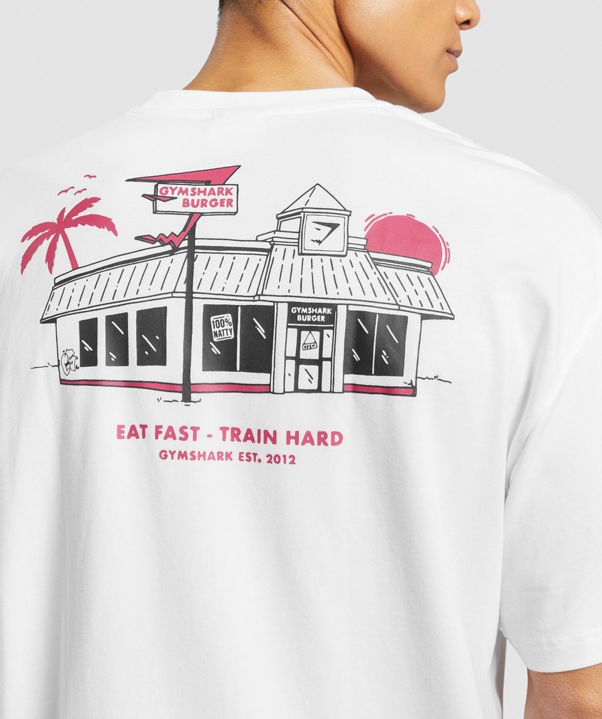 White Men's Gymshark Diner Graphic Oversized T-Shirts | USA-06497