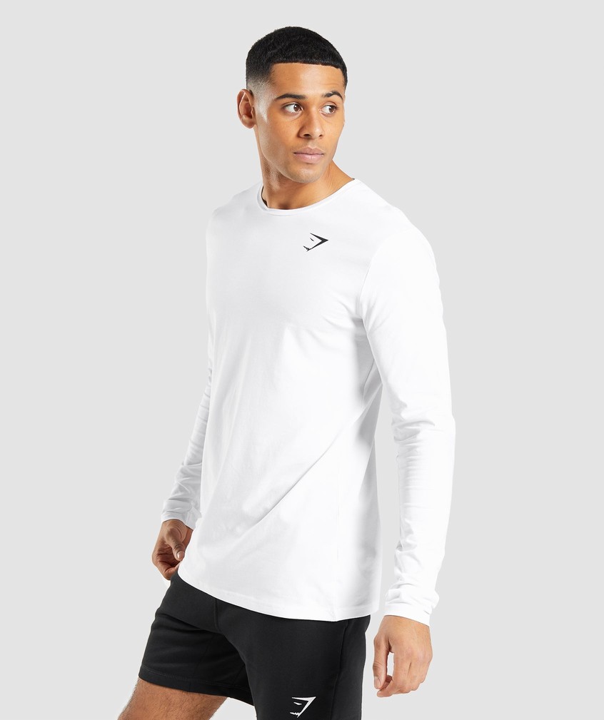 White Men's Gymshark Essential Long Sleeve T-Shirts | USA-21069